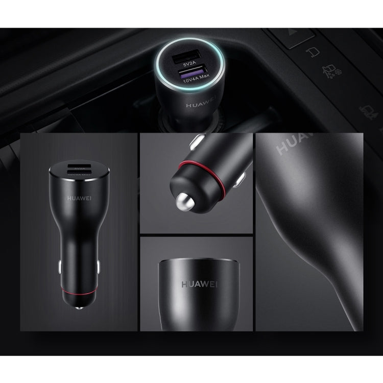 Black car USB charger with red accent band and glowing indicator near ports