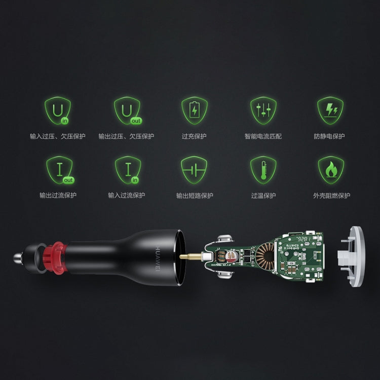 Black car USB charger with exposed circuit board and safety protection icons