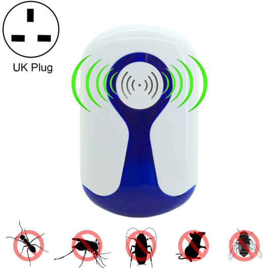 Ultrasonic mosquito repeller plug-in, white and blue body with green sound wave lines