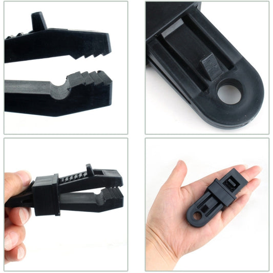 Black plastic tent clip securing rope, shown in multiple angles.