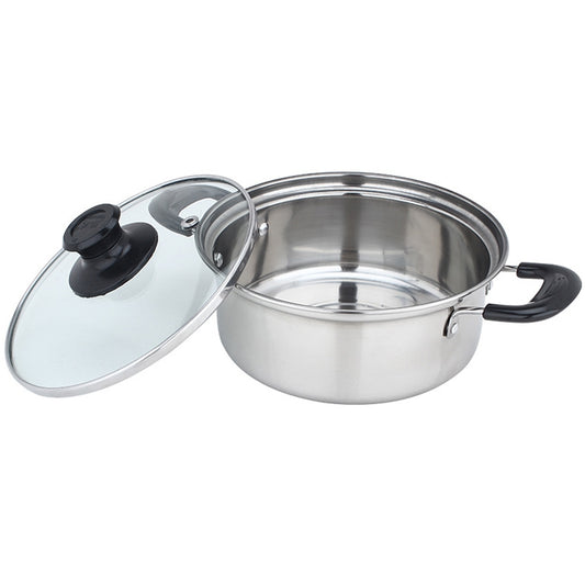 Stainless steel small pot with glass lid and black knob, on compact stove burner base