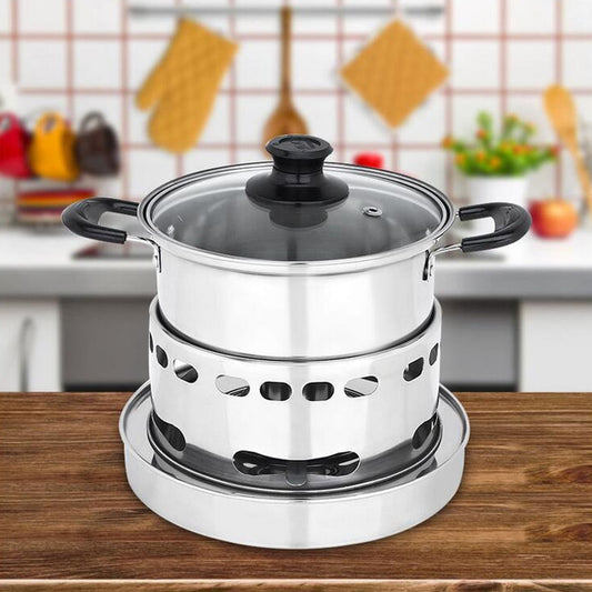 Stainless steel alcohol stove with small pot and lid, black knob and side handles