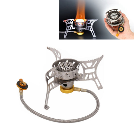 Portable outdoor split stove with metal burner, orange knob, and flexible hose