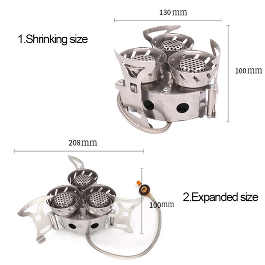 Three-burner steel camping stove with side supports, compact and expanded size view