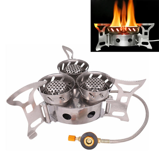 Portable three-burner backpack camping stove with three steel burner heads and gas hose