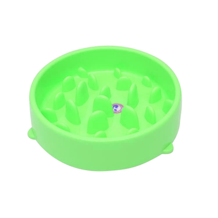 Round green pet food bowl with raised inner anti-choking nubs