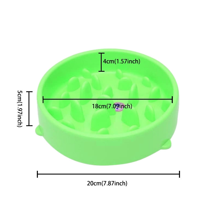 Green round anti-choking pet bowl with size labels and raised inner nubs