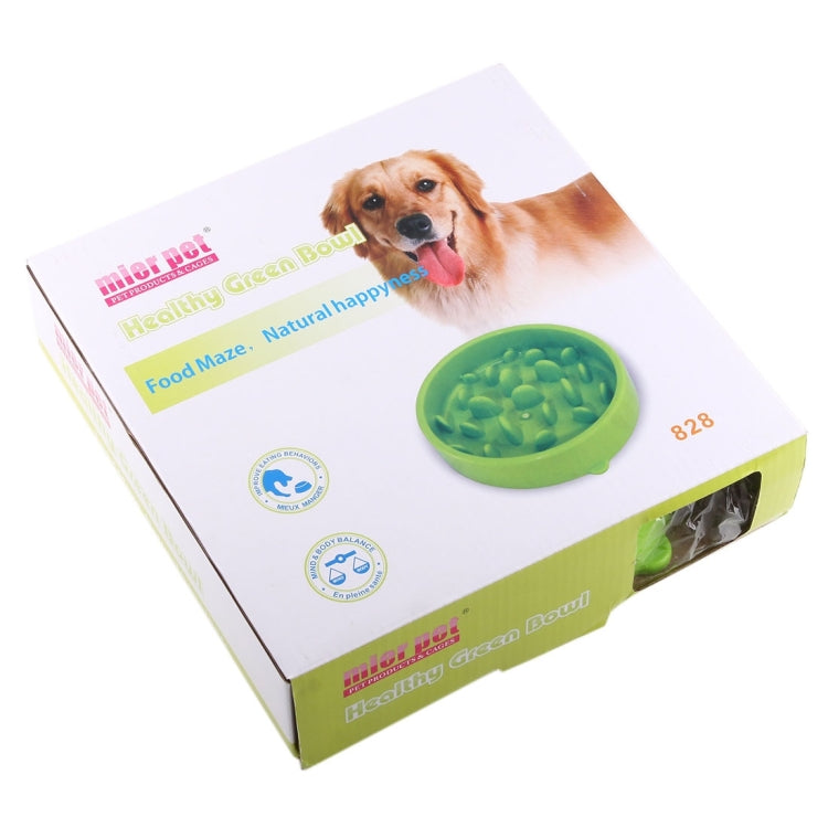 Product box showing green round anti-choking pet food bowl