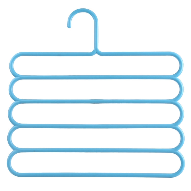 Blue 5-layer plastic pants hanger with curved top hook, set of 10