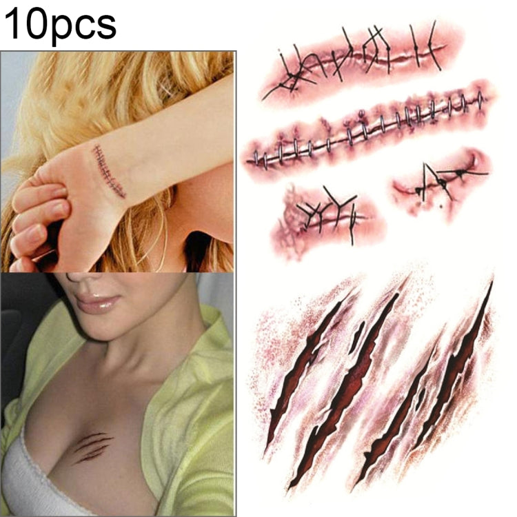 Temporary wound scar tattoo stickers, red stitches and scratches on skin
