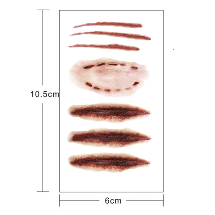 Temporary scar tattoo sheet measuring 6 x 10.5 cm with scratch and wound designs