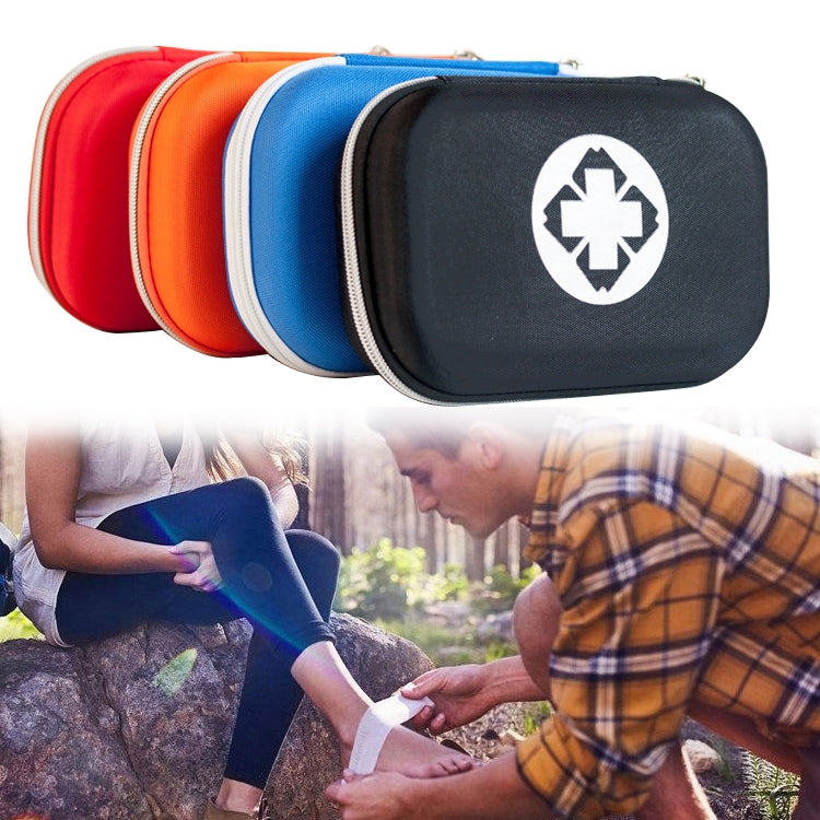 Set of portable first aid kit cases in red, orange, blue, and black with cross logos