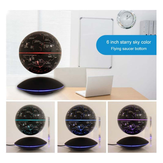 Illuminating magnetic levitation globe on black saucer base, multiple angle views