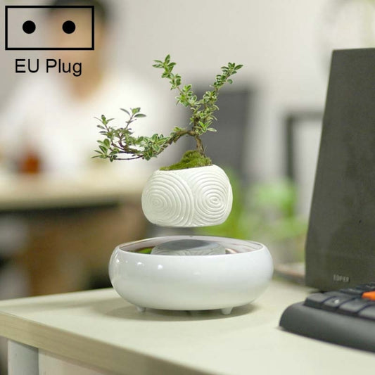 White ceramic-style magnetic levitation planter with green leafy plant in swirl pot