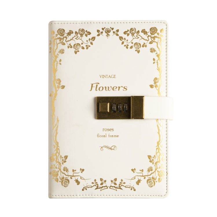 White PU diary notebook front cover with gold floral design and number password lock