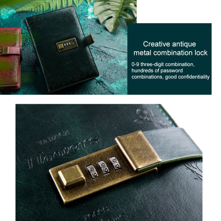 Dark PU cover password lock notebook with brass code panel and hinged lock plate
