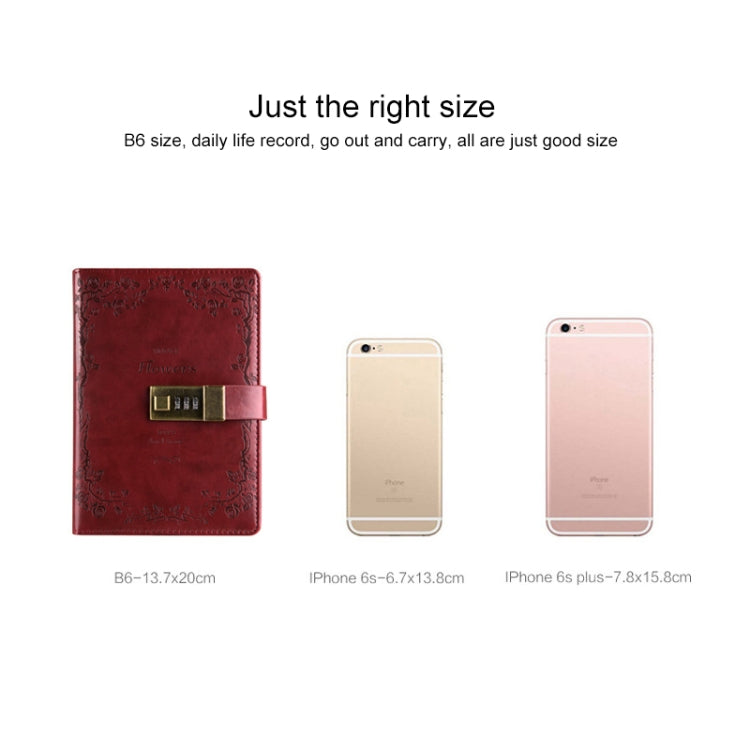 Wine red PU cover notebook diary with embossed floral pattern and combination password lock