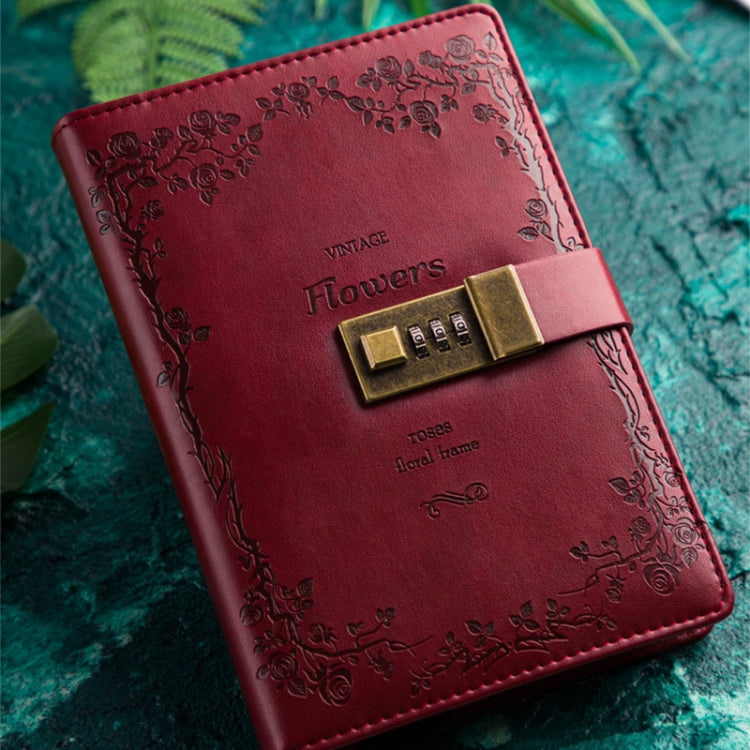 Wine red PU diary notebook with vintage floral embossing and brass combination password lock
