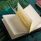 Open PU password lock notebook with blank cream pages and yellow bookmark strap