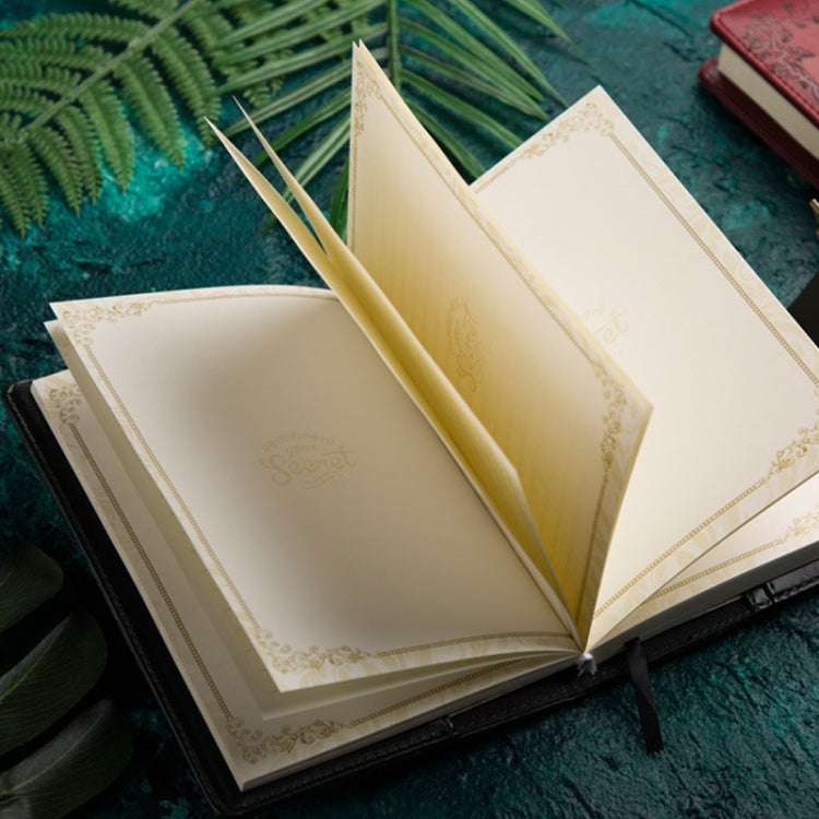 Open PU password lock notebook with blank cream pages and yellow bookmark strap