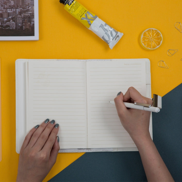 Open notebook diary with lined pages, pen writing, and a password lock cover