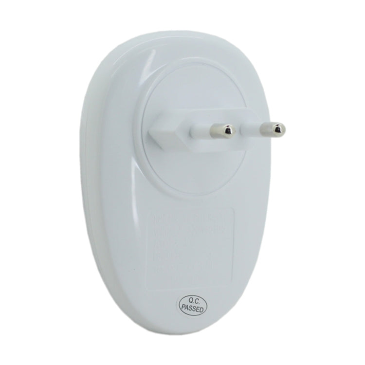White ultrasonic pest repeller with two-pin plug and “Q.C passed” marking on back