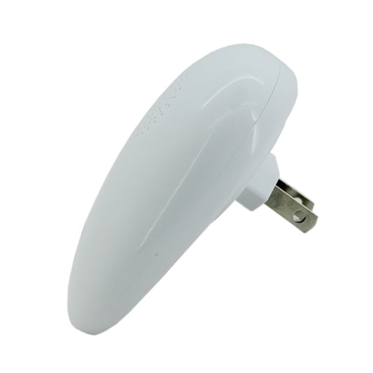 White ultrasonic repellent with metal two-prong plug and slim oval body