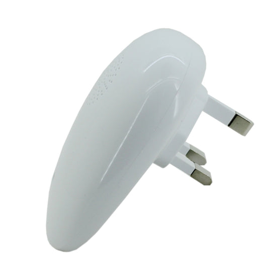 White ultrasonic pest repeller plug with two power prongs and front grille