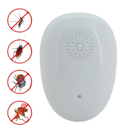 White ultrasonic pest repellent plug-in device with front speaker grille