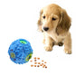 Blue squeaky dog chew ball near scattered treats, bumpy texture with green and yellow holes