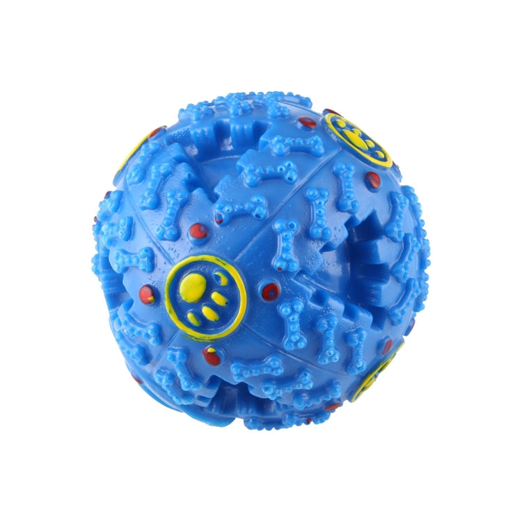 Blue bumpy chew ball with paw-print badge detail and small red dots on texture