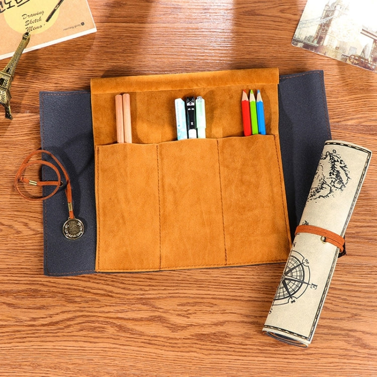 Tan pencil bag organizer with pen slots, dark side sleeve, rolled pencil case