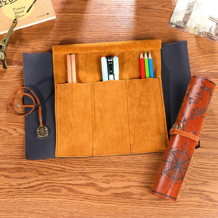 Tan stationery pencil bag with pen pockets, dark side sleeve, orange rolled case