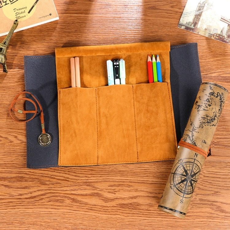 Brown suede pencil bag with navy side panels, open compartments for pens and stationery