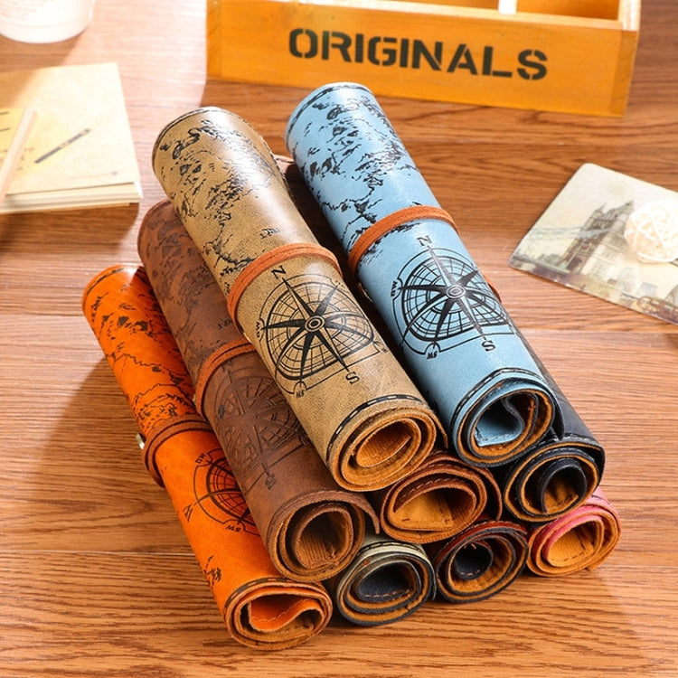 Rolled pencil bag set with compass print, brown and blue fabric