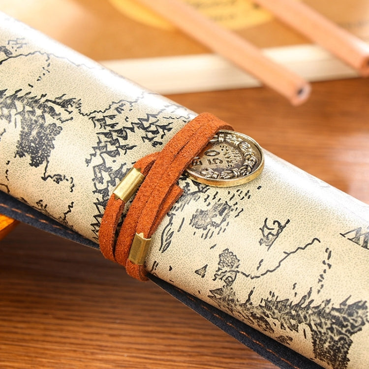 Rolled pencil bag with world map print and orange leather strap with metal clasp