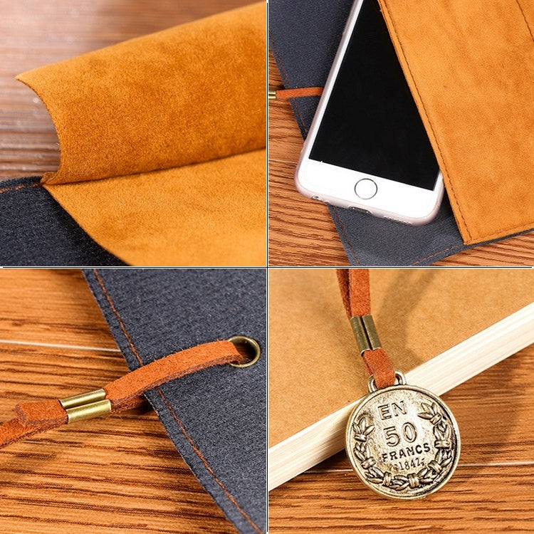 Brown suede pencil bag with navy inner lining and phone-sized pocket with zipper strap