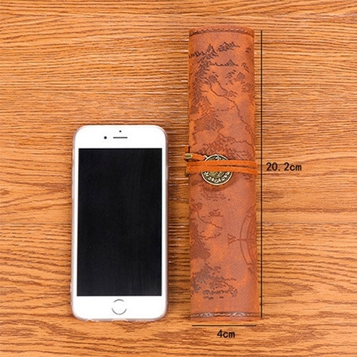 Brown leather pencil case roll with stitched strap and gold-tone medal charm