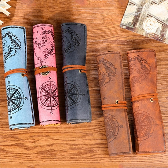 Set of map print pencil roll cases in blue, pink, gray, brown, and orange colors