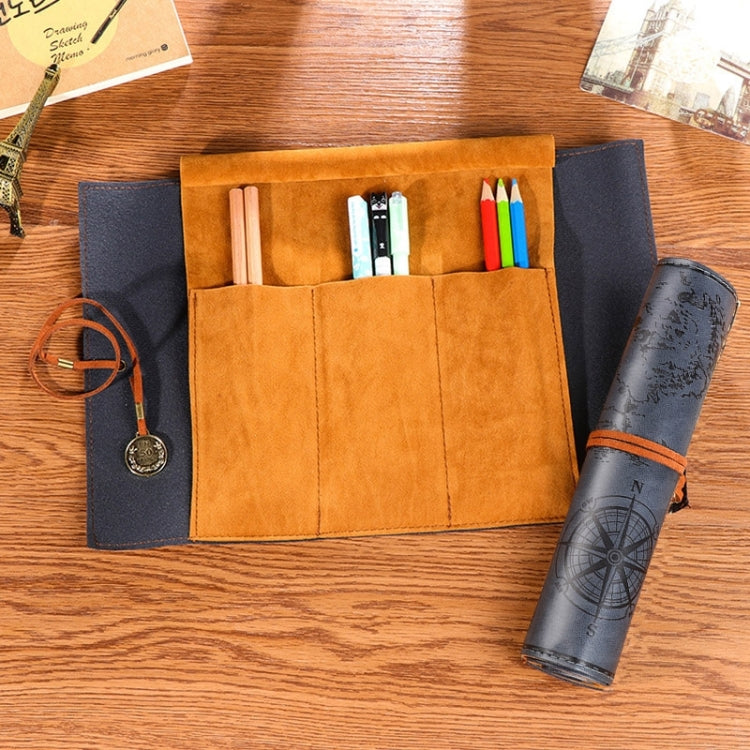 Tan multi-slot pencil bag with dark side sleeve and compass rolled case