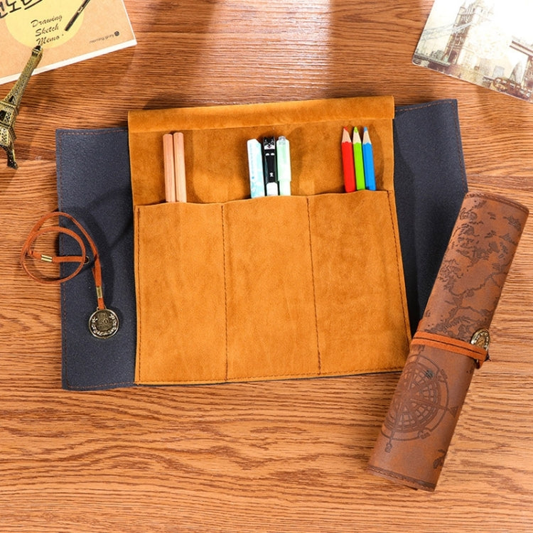 Tan pencil bag organizer with pen pockets, dark side sleeve, rolled case