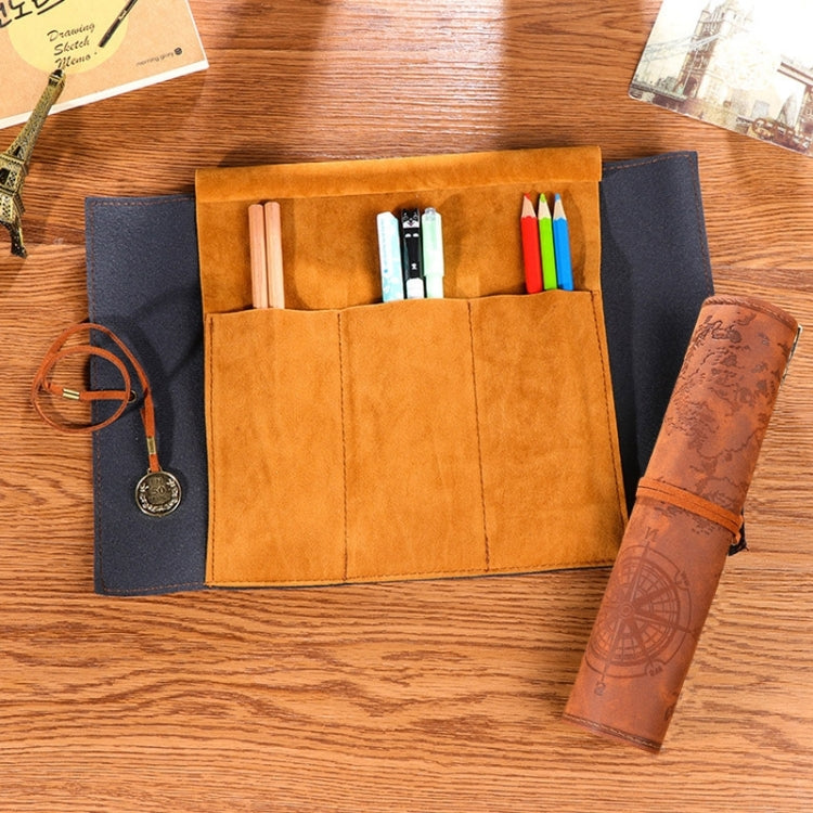 Tan stationery pencil bag with compartments, dark pocket, rolled pencil case