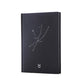 Black paper notebook cover with constellation line art and small zodiac symbol at bottom