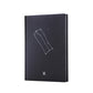 Black paper notebook cover with constellation outline art and small zodiac symbol at bottom