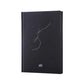 Black paper notebook cover with constellation line art and small three-star symbol at bottom
