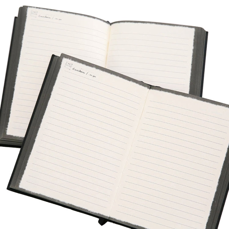 Open black notebook with two pages of ruled lines and visible inner cover