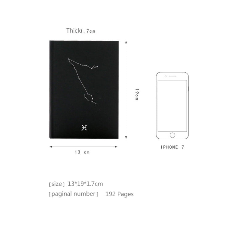Black constellation notebook with cover line art; size diagram and page count shown
