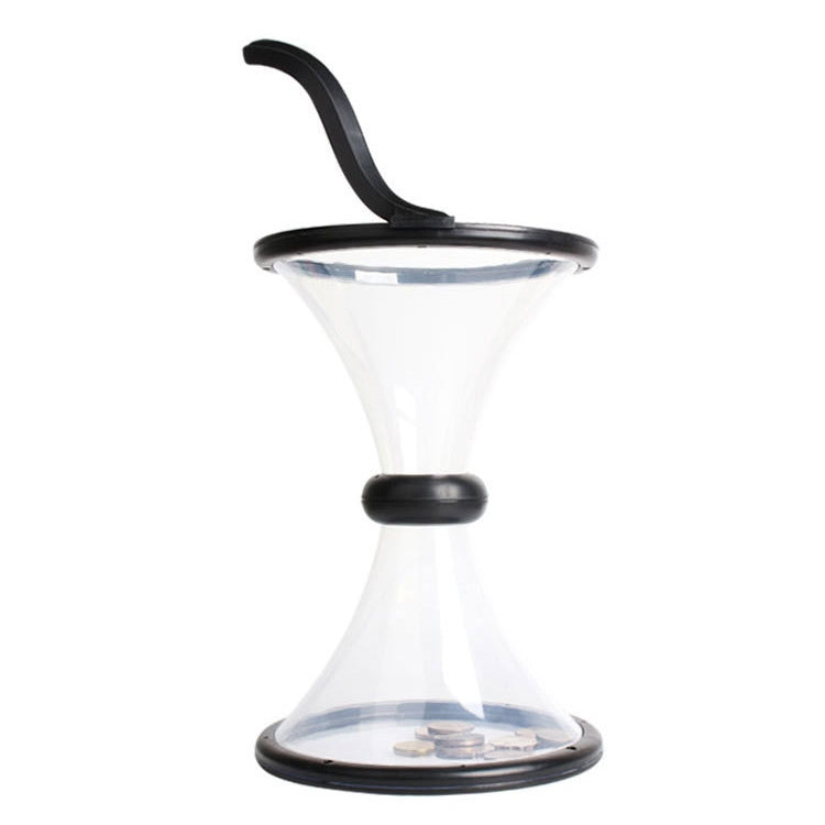 Clear hourglass-style gravity coin funnel with black top handle and round base