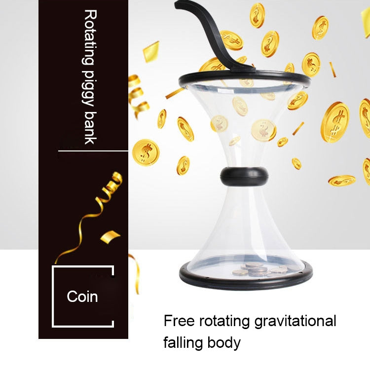 Transparent rotating coin storage funnel with black base and curved spout