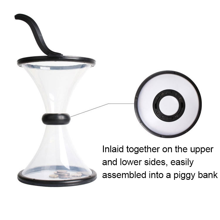 Transparent gravity coin funnel with black lid base and circular coin slot opening